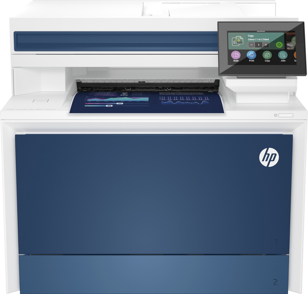 HP Multifonction Laser Couleur LaserJet Pro 4303FDW -33/33 ppm, 600 x 600 ppp, recto/verso, 1 port USB 2.0 haut débit (périphérique); 1 port USB 2.0 haut débit (hôte); 1 port USB à l’avant; 1 Wi-Fi; 1 port Bluetooth Low Energy; 1 port réseau Gigabit Ethernet 10/100/1000 Base-TX
